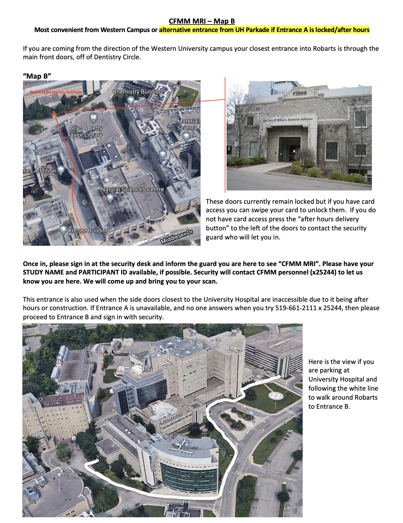 Map B - Directions from UH parkade to Robarts Main Doors